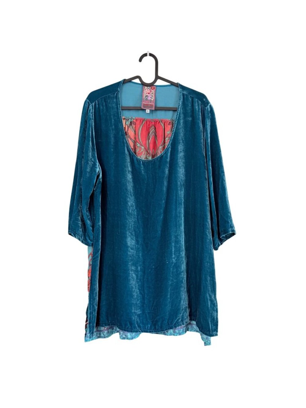 Johnny Was Teal Rayon Silk Velvet Floral Scoop Neck Tunic Blouse Womens Medium